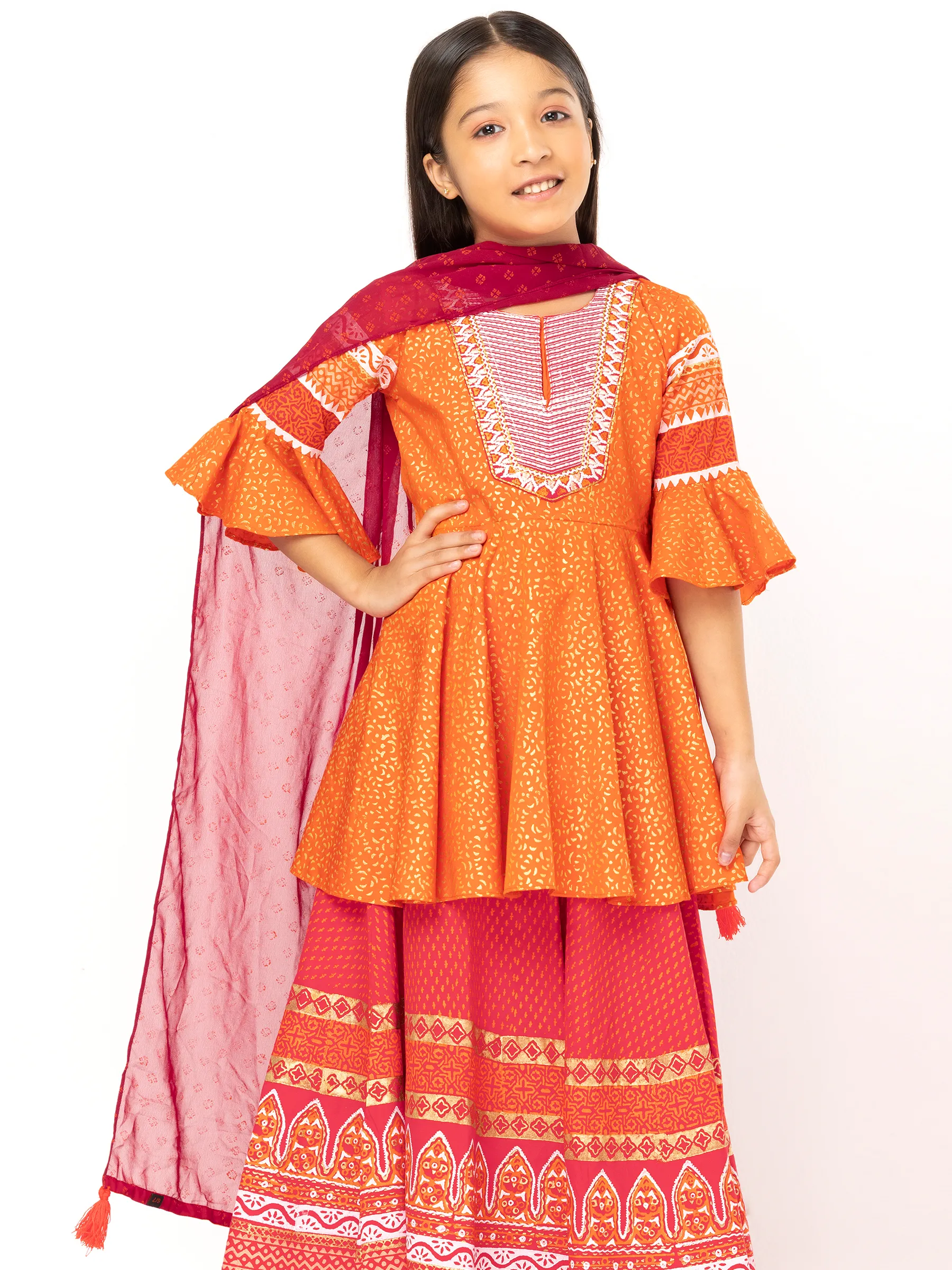 Orange Printed and Embroidered Linen Ghagra Choli Set